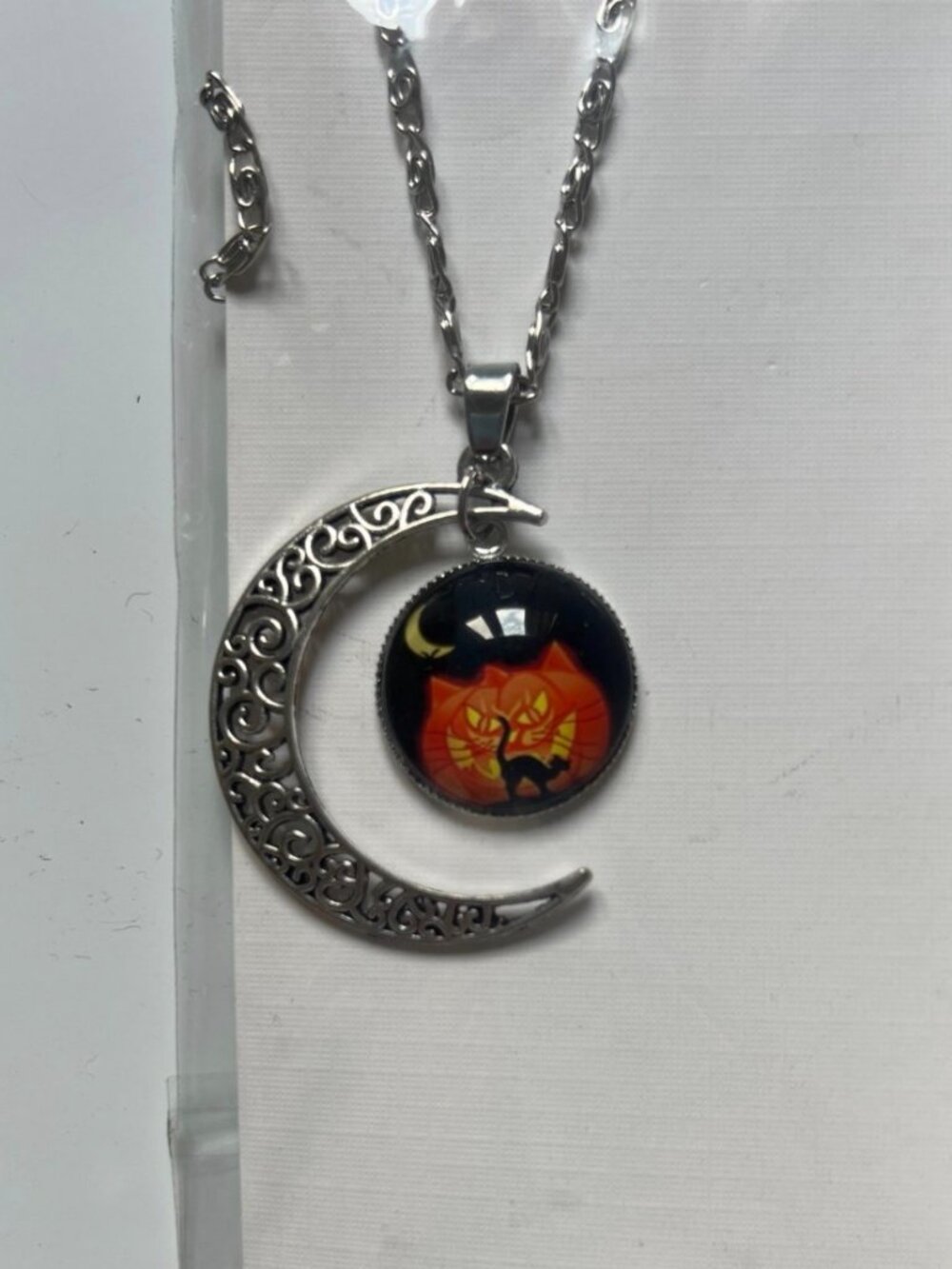 Crescent Moon Cat Pendant Necklace Silver Tone Black Orange Kitty Charm Jewelry